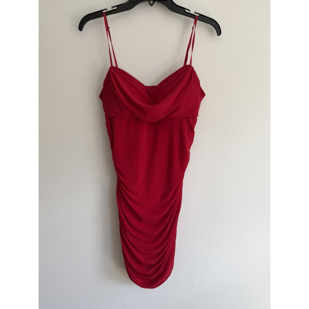 Emerald Sunday Red Ruched Bodycon Midi Dress Spaghetti Strap Small